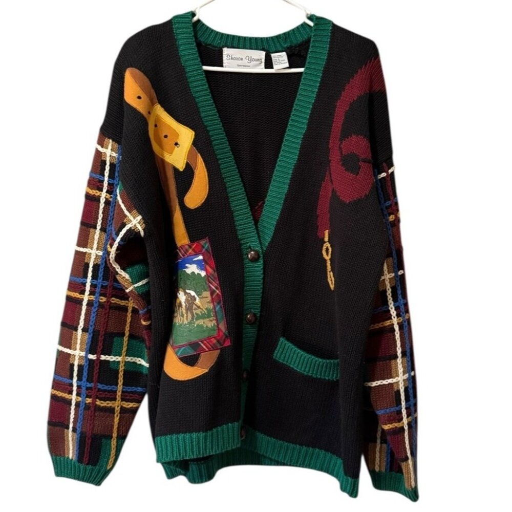 Sharon Young Size Large Hunting Gaming Knit Cardigan Sweater‎ Ducks Dog Vintage